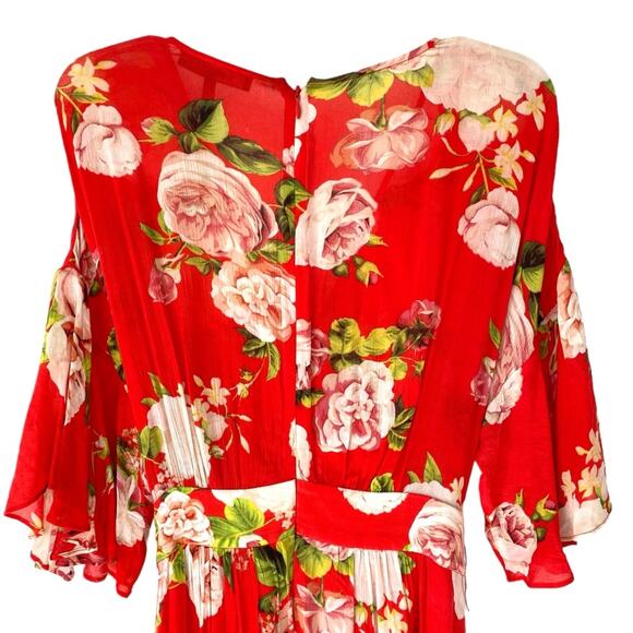 BcbgMaxazria Red Floral Maxi Dress Faux Wrap size large Flowers Tropical - Picture 10 of 13